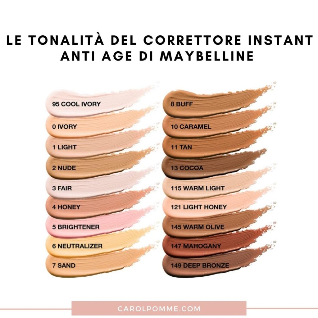 Correttore Maybelline Instant Anti Age colori e swatches