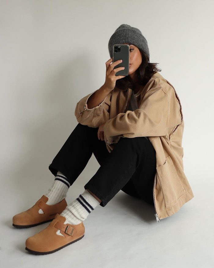 birkenstock boston outfit con calze